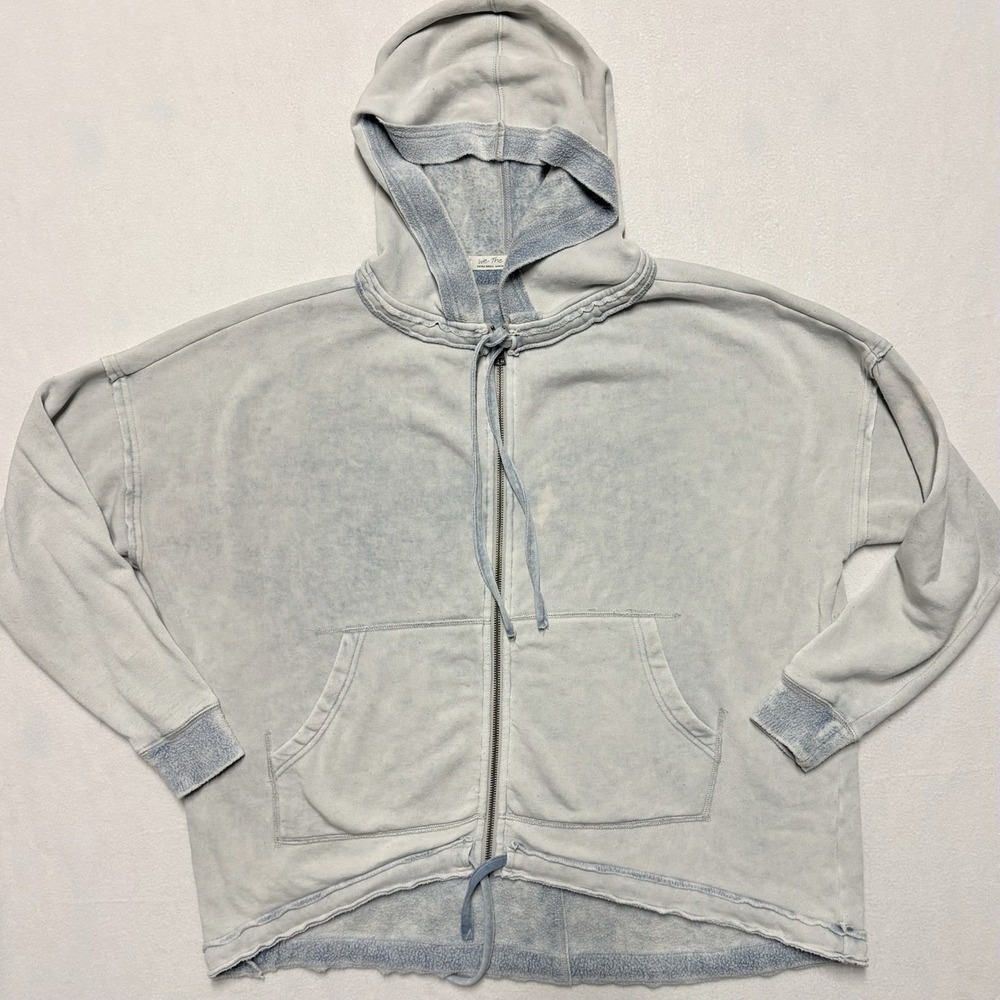 Free People We The Free Oversized Hoodie Sweatshirt Zip Up Raw Edge Lt Blue XS